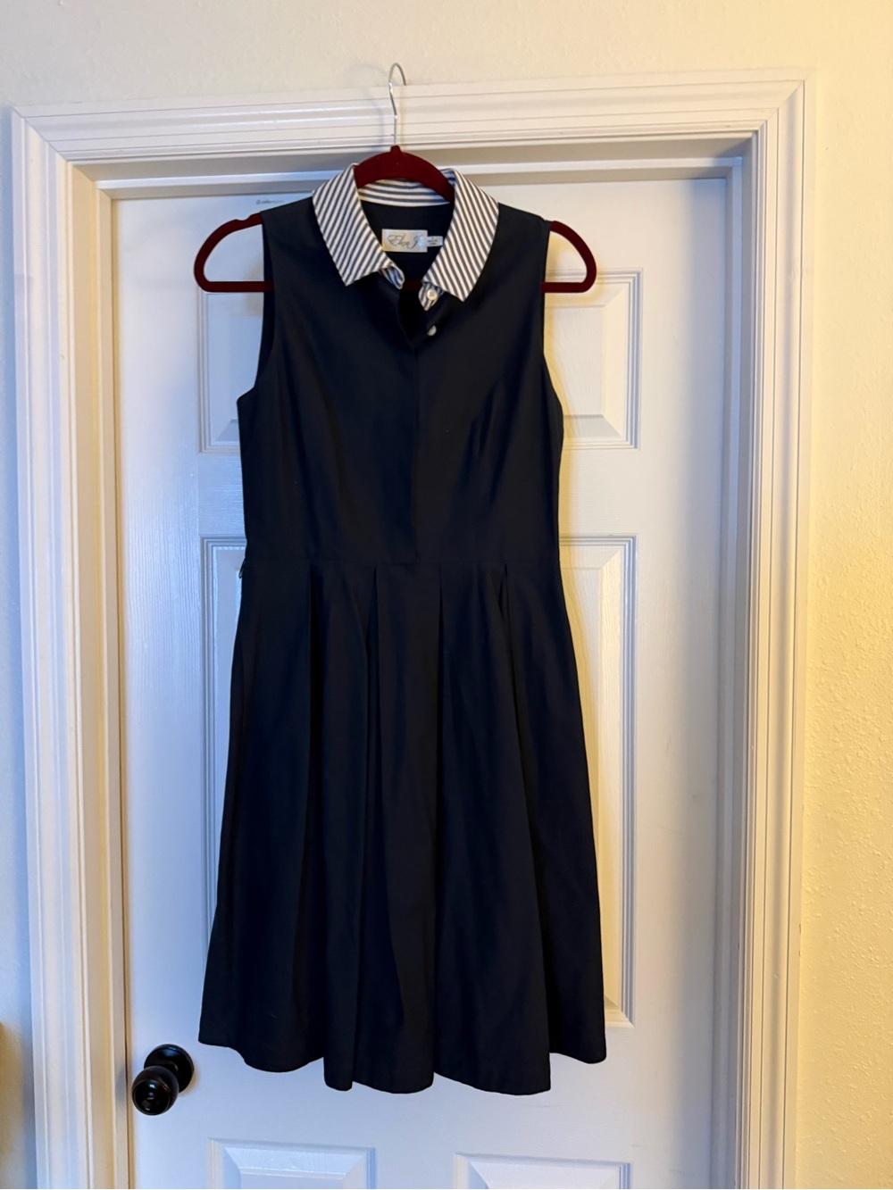 Eliza J Navy Sleeveless Fit-and-Flare Dress with Striped Collar